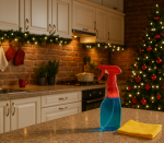 Clean kitchen decorated for Christmas with cleaning supplies